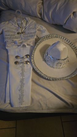 Kids White Charro Mariachi Suit with Sombrero