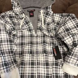 White, Black & Gray Plaid Tony Hawk Zipup Hoodie / Jacket Lined with Gray Fur Inside - Brand New 