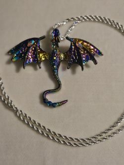 Rainbow Sparkle Chrome Dragon Pendant Necklace on 24-Inch Italian Silver 925  -