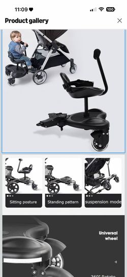 Universal 2-in-1 Stroller Board w/Shock-Absorbing Wheels, Adjustable Buggy Attachment,Detachable Seat, 55Lbs Load Toddler Ride-On Platform for Ages 2-