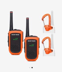 NEW 2 X ROCKY TALKIE HI-VIS ORANGE EXPEDITION 5W GMRS RADIO & CARABINER ATTACHMENT / WHIP ANTENNA