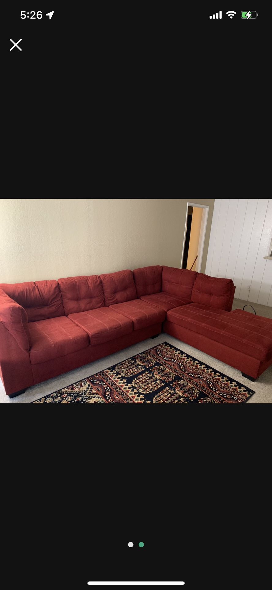 Red Living Spaces Couch w/Right Chaise $250 Pick Up Only