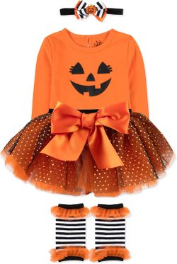 🎃 Adorable Halloween Baby Girl 4-Piece Outfit Set! 🧡🖤