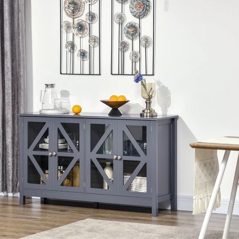 Sideboard, Buffet Cabinet with 4 Tempered Glass Doors and Adjustable Storage Shelf, Credenza, Gray