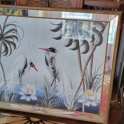 M Devoe Vintage  Mirror Art Cranes Birds Mid Century