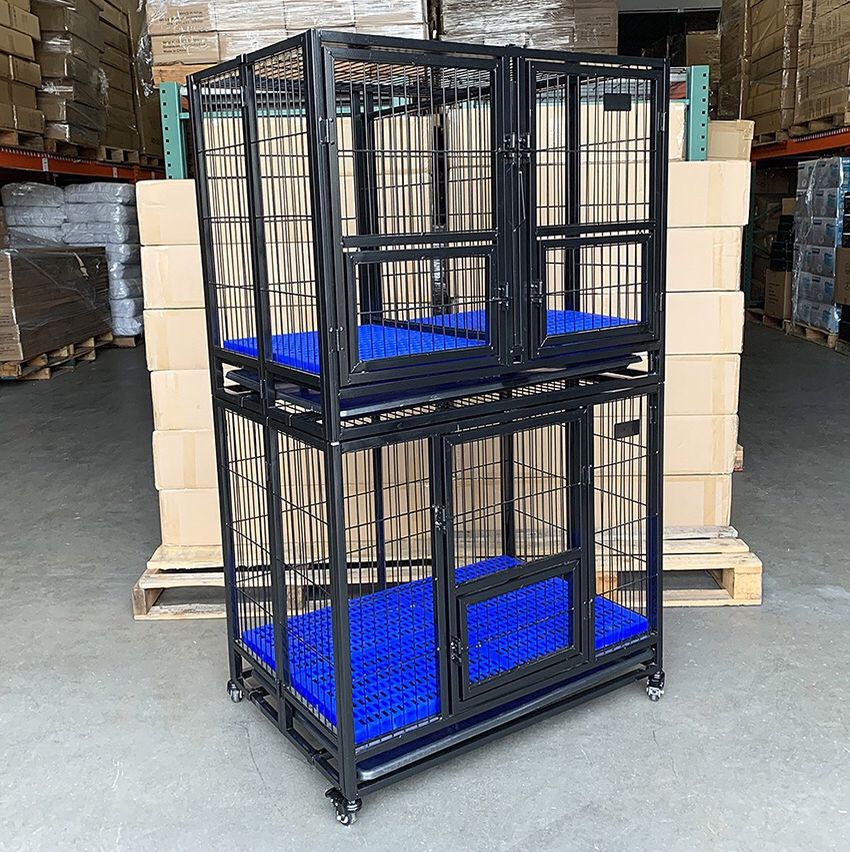 $270 (new in box) stacking dog crate 37”x25”x64” heavy-duty cage folding kennel w/ plastic tray (set of 2)