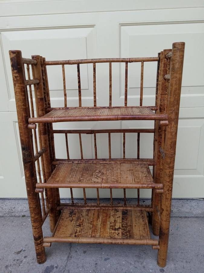 VINTAGE TORTOISESHELL RATTAN FOLDING ETAGERE, BOOKSHELF or DISPLAY