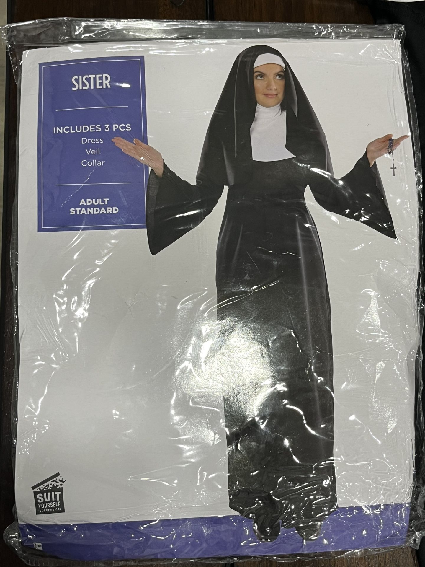 Nun Sister Costume Dress Robe Collar Halloween Adult Standard Black Outfit