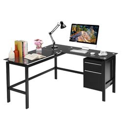 Glass Top L Shaped 56” Computer Corner Desk