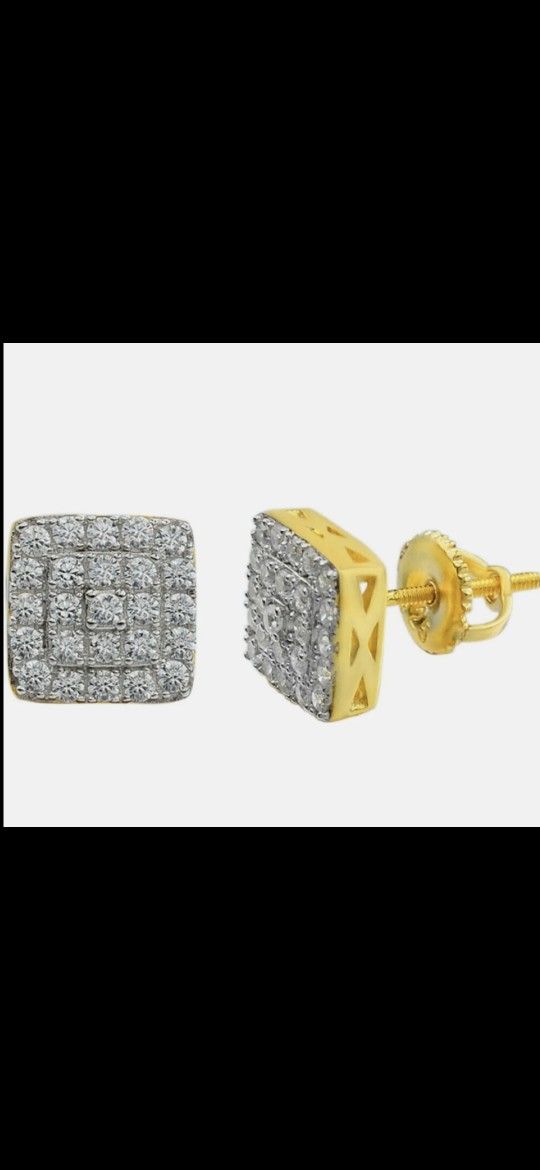 14k Gold Over 925 Iced Real MOISSANITE Square Screwback Earrings Passes Tester