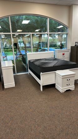 White Sleigh Bed Frame with Nightstands