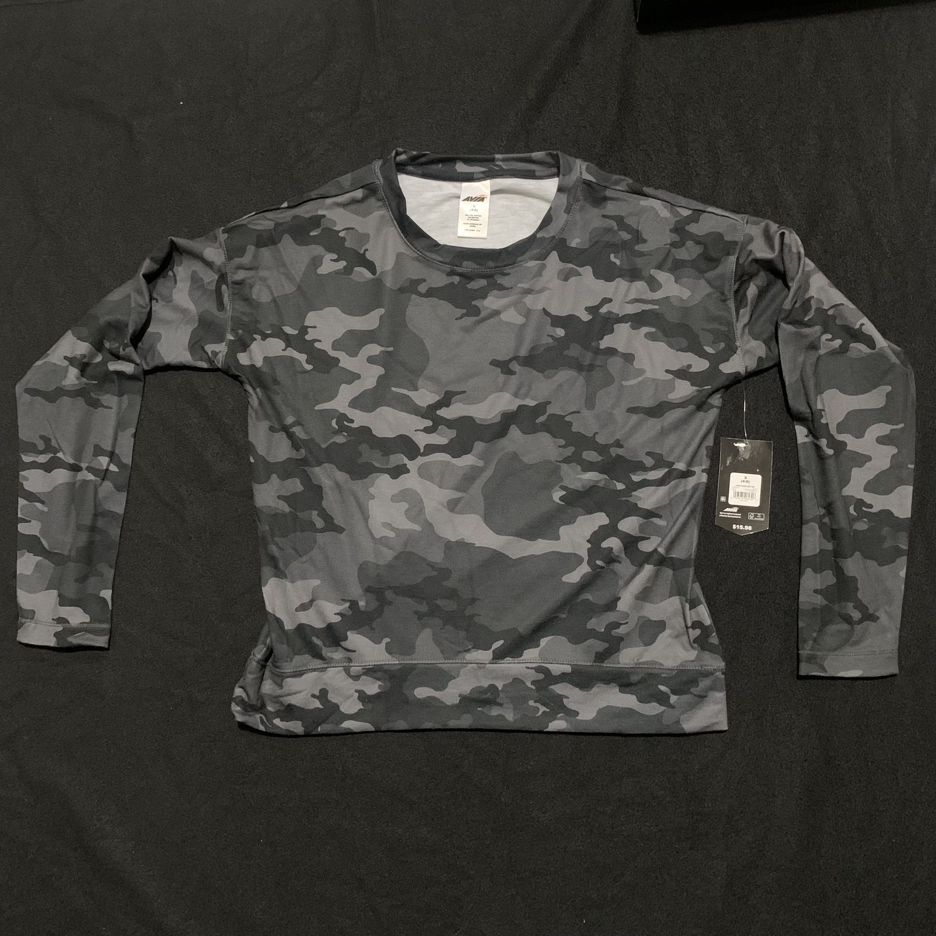 Avia Black Camo Workout Running Exercise Women’s Long Sleeve Size Small 4-6 Brand New With Tags 