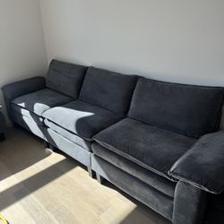 Dark Grey Corduroy Sectional Sofa with two Matching Ottomans
