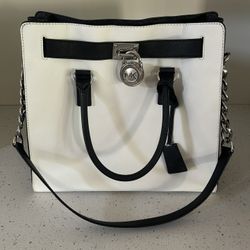 Michael Kors Hamilton Optic Black White Leather Satchel Purse 