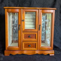 Wooden Jewelry Cabinet with Glass Doors | Small Curio Display Case with Drawers & Mirror | Vanity Organizer for Jewelry & Crystals
