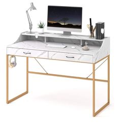 Computer Desk with Drawers, 47-inch Writing Desk Study Table with Monitor Stand Riser for Home Office, White