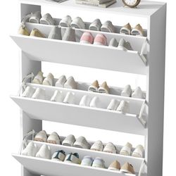 Shoe Cabinet with 3 Flip Drawers, Hidden Wooden Shoe Storage Cabinet, Freestanding Shoes Organizer Cabinet for Entryway Hallway, White