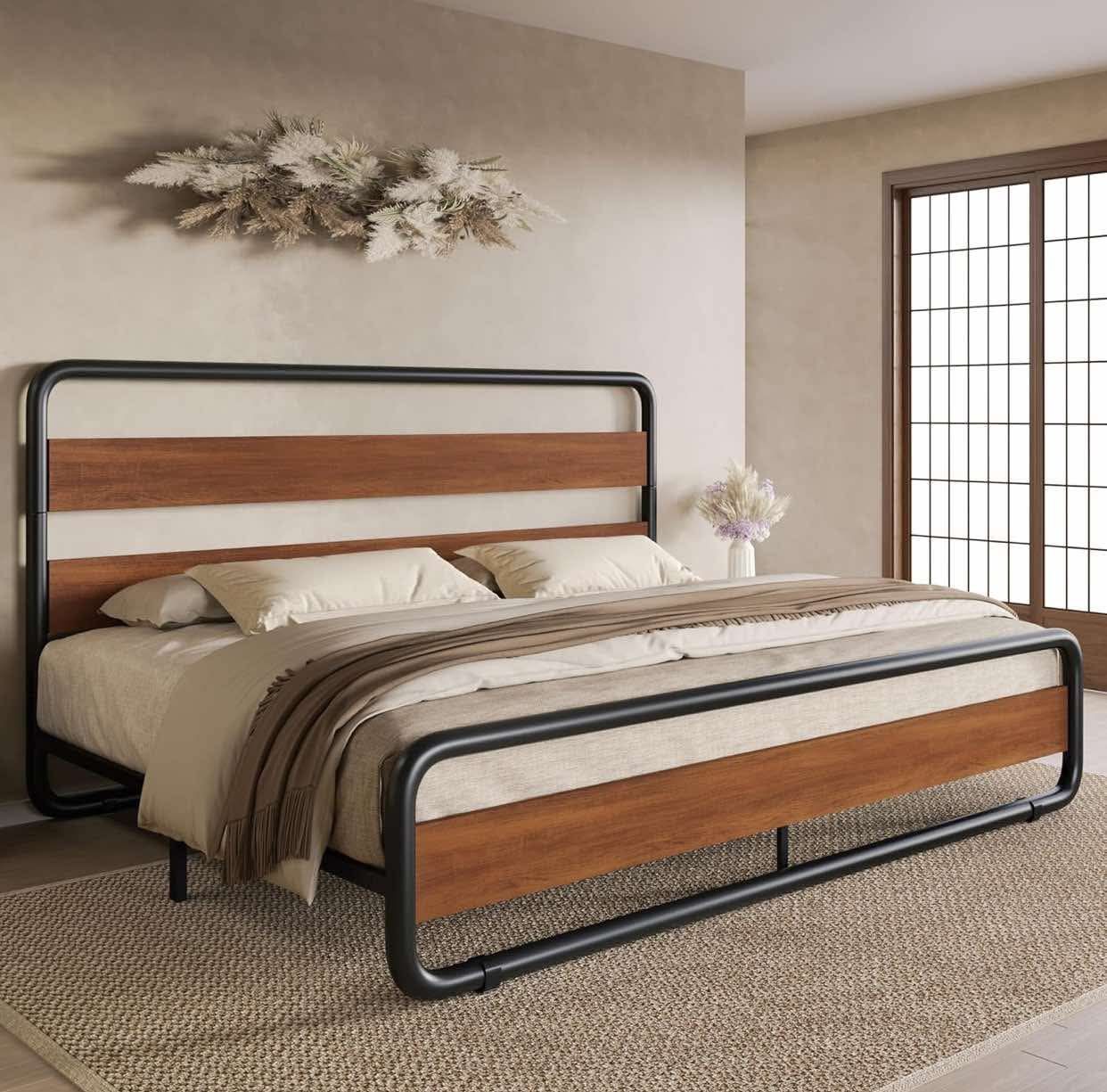 King Size Metal Bed Frame with Wooden Headboard and Footboard, Heavy Duty Platform Bed Frame with 10" Under-Bed Storage, Noise-Free, No Box Spring Nee