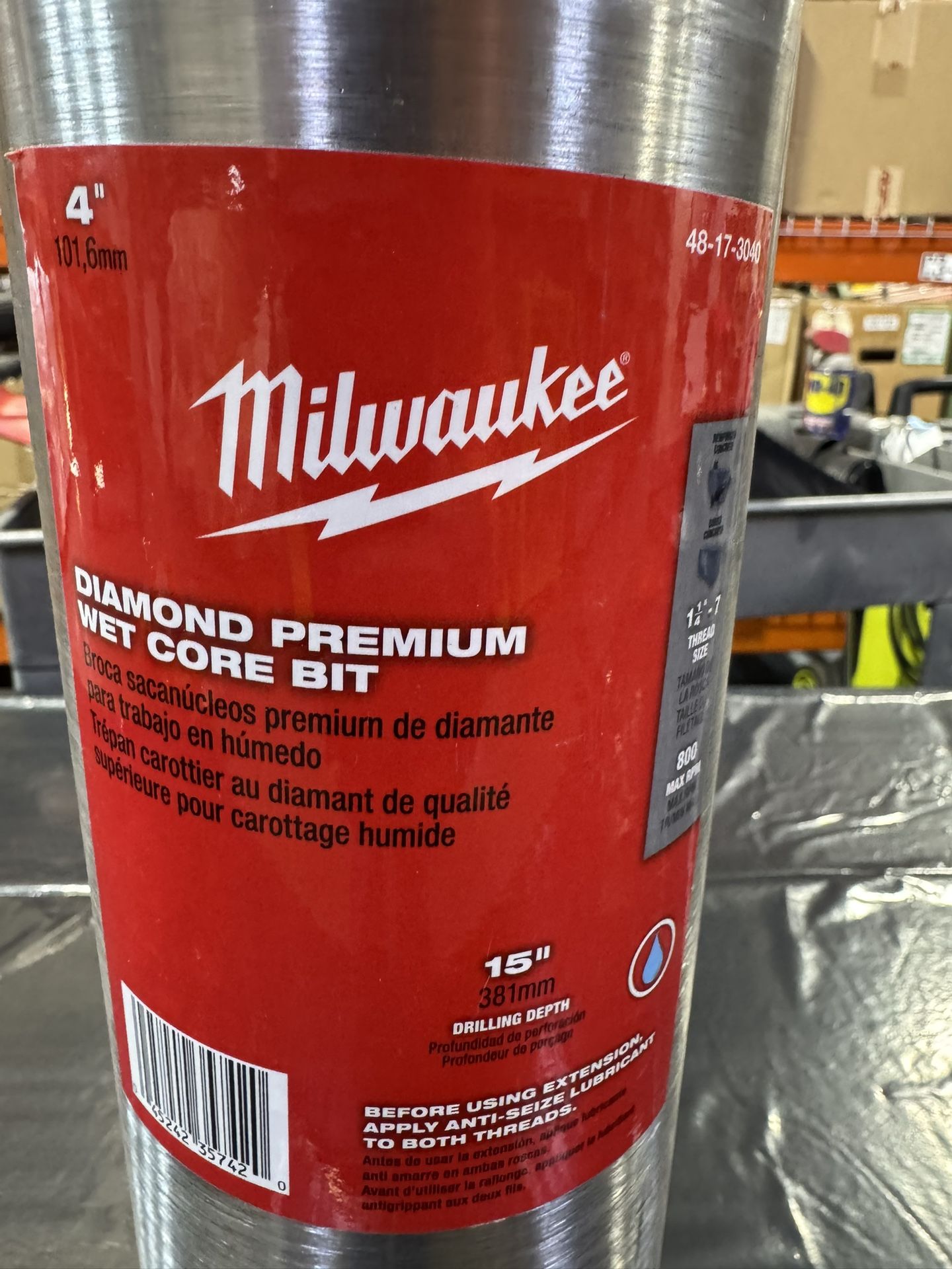 Milwaukee Diamond Premium Wet Core Bit 4x15