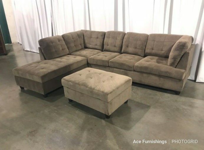 Brand New Brown Chenille Fabric Sectional With Storage Ottoman