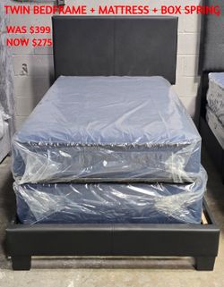Black TWIN BEDFRAME + MATTRESS + BOXSPRING
