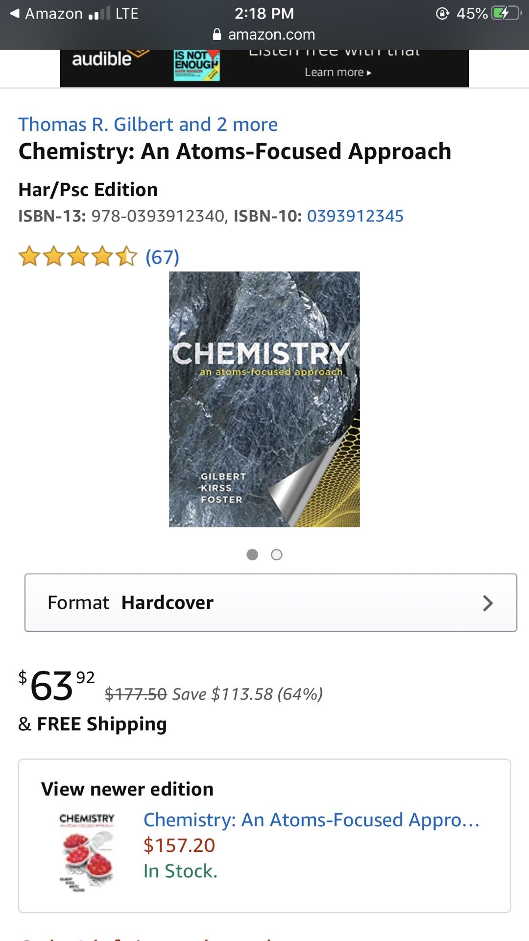 Chemistry an atoms-focused approach. GILBERT, KIRSS, FOSTER. Used, perfect condition 10/10.
