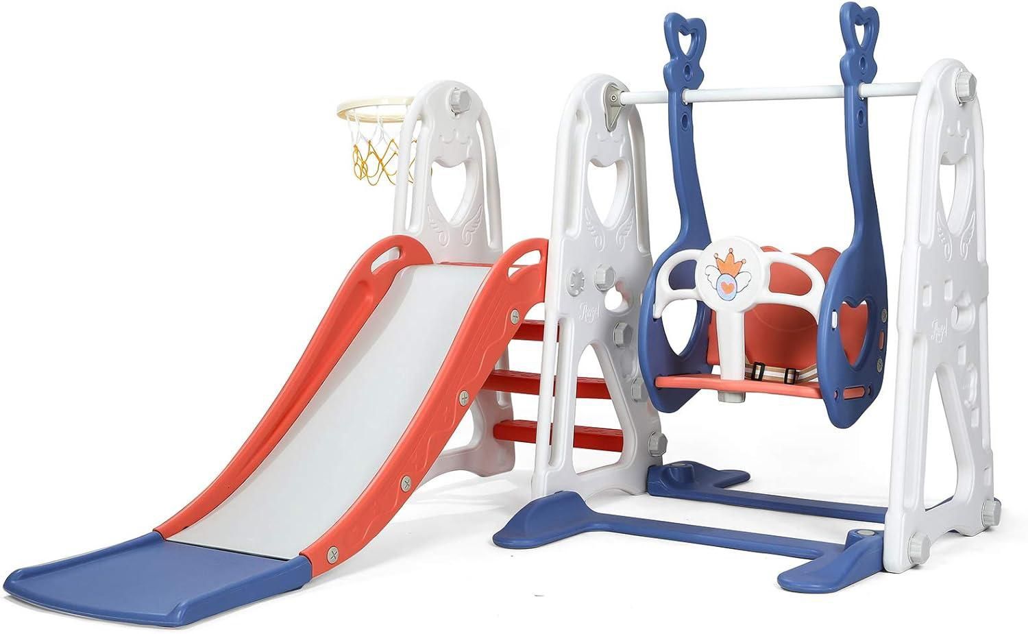 Glaf 4 in 1 Toddler Slide and Swing Set Kids Slide for Toddlers 1-3 Outdoor Playset Indoor Playground Baby Toys with Basketball Hoop (Blue Red ) S1