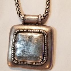 Vintage Chico's Hammered Silver Tone Square Pendant Necklace with Barrel Chain 