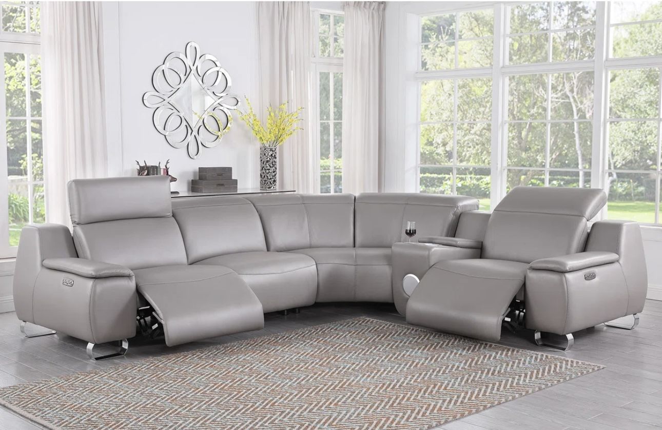New COSTCO power Electric Genuine Real Leather Gray Sectional Couch