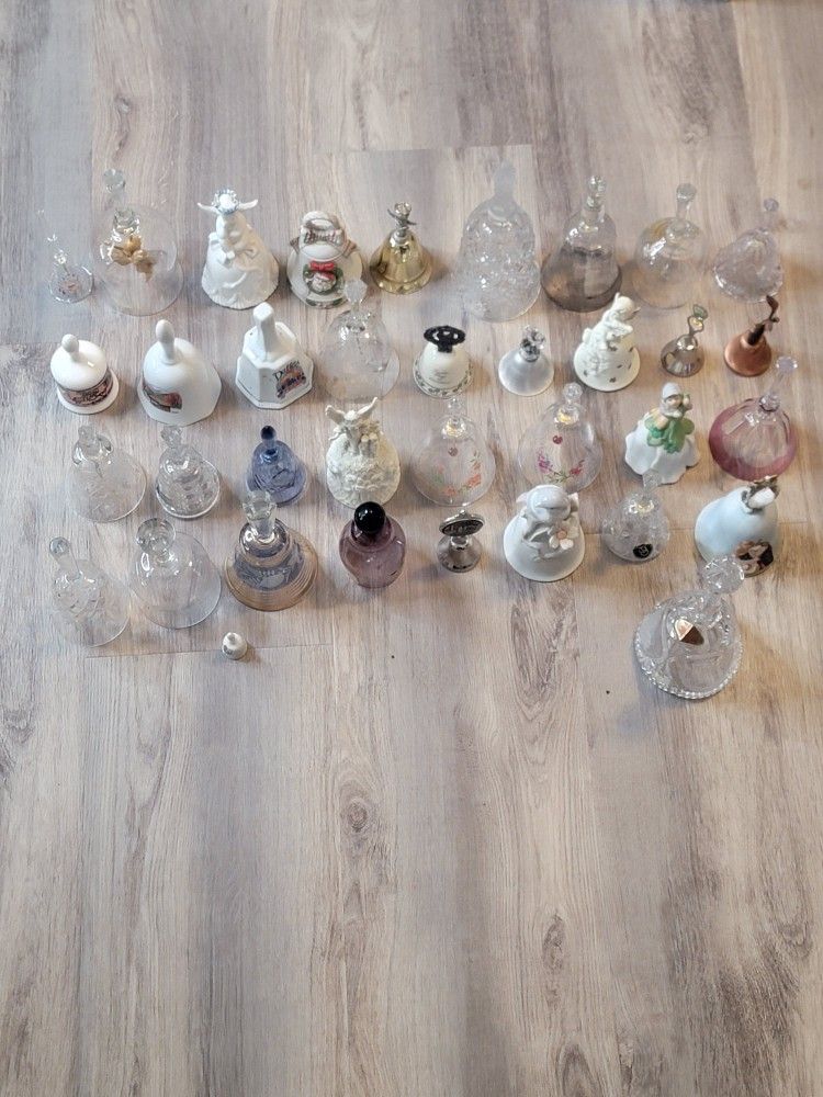 Lot of 36 vintage Collectible bells, glass, porcelain