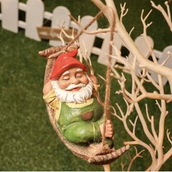 Brand New Funny Garden Gnomes Outdoor Hanging Statue, Fairy Garden Swinging Leaf Hammock Gnome Figurine