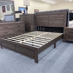 Queen Brown Bed Room Set/available In Light Grey (Bed Frame, Night Stand, Dresser, Mirror)