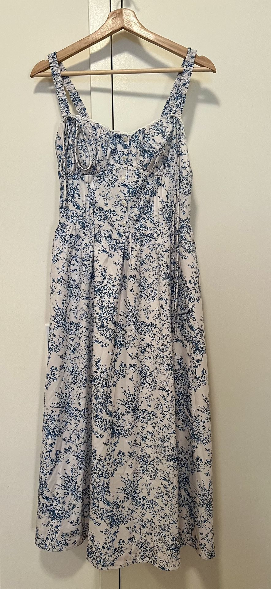 Blue & White Floral Midi Dress With Adjustable Straps