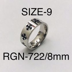 Stainless Steel Silver Cross Carved Ring Band: Size-9/RGN-722