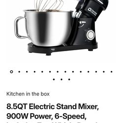 8.5QT
 
Electric
 
Stand
 
Mixer,
 
900W
 
Power,
 
6-Speed,
 
Includes
 
Egg
 
Whisk,
 
Dough
 
Hook
 
&
 
Flat
 
Beater,
 
KSM85