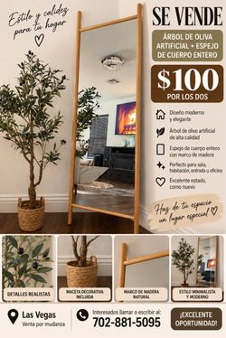 🌿 SE VENDE ÁRBOL DE OLIVA + ESPEJO DE CUERPO ENTERO – $100