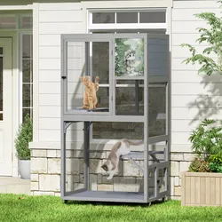 Cat Catio on Wheels for Patio, Outdoor Cat Enclosure Window Access, Gray Cat House Outdoor Cat Enclosure on Wheels with Platforms for Outdoor, NEW