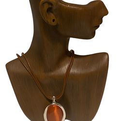 19” Faux Amber Cabochon Pendant And Leather Necklace
