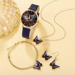 5PCS Set Women Fashion Butterfly Quartz Watch Brand Design Female Clock Leather Band Ladies Casual Wrist Watch Reloj Mujer