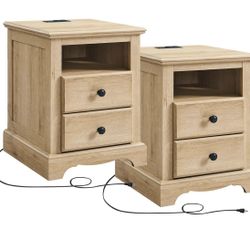 Nightstand with Charging Station, 18 Inch Vintage End Table with 2 Drawers, Wood Rustic Sofa Side Table with Open Storage Shelf for Bedroom