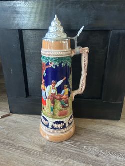 Collectible Vintage Germany Lidded Beer Stein "Tanz auf der Alm" Pewter Lid