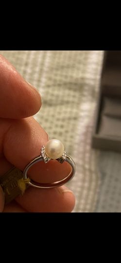 Real Pearl, White Gold 585 Diamond Ring size 6.5