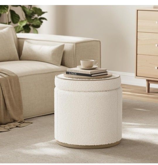 Round Ottoman with Storage, Vanity Stool, Ottoman Foot Rest, Boucle Small Ottoman, Foot Stool, Upholstered Sherpa