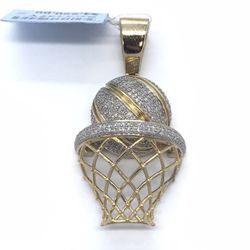 Diamond Basketball & Hoop Pendant 10K New