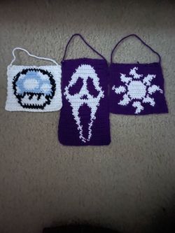 Handmade Crochet Wall Hangings - Mushroom, Ghostface, and Sun