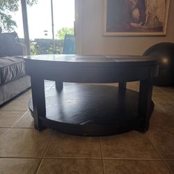 Black Wood Lift-top Round Coffee Table With Wheels And Shelf
