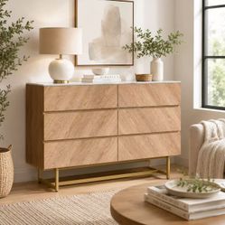 297 Roomfitters Faux Marble Top Dresser for Bedroom with 6 Drawers, Mid Century Chest of Drawers, Modern Bedroom Dresser（Oak Wood）