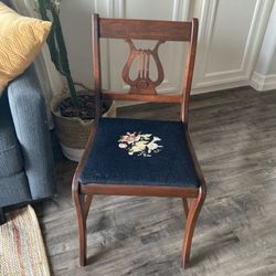 Antique Wood Harp Back Floral Needlepoint Chair
