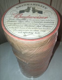 New 100 Budweiser Beer Coasters Drinkability Beechwood Aged Lager
Brand-new, factory-sealed sleeve of vintage pulpboard Budweiser coasters featuring t