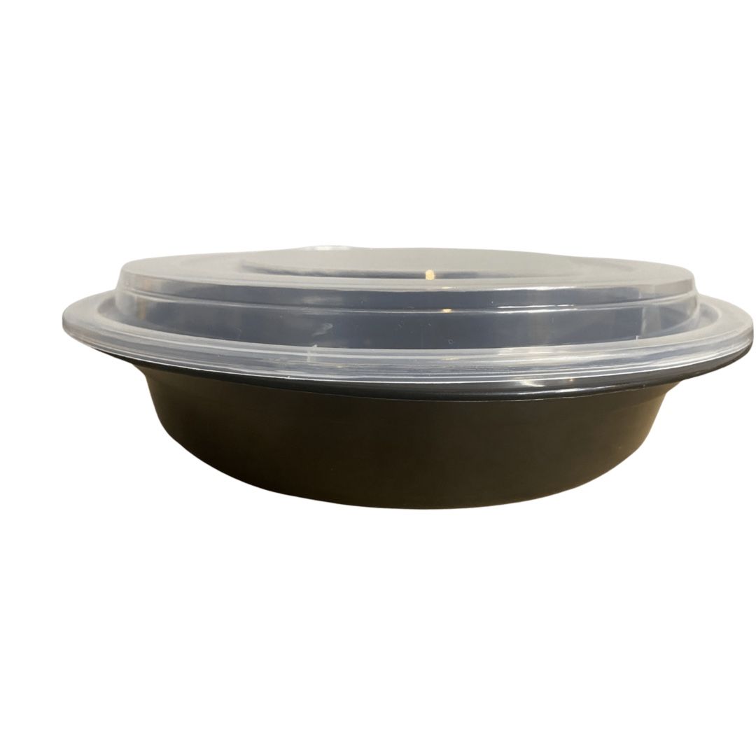 48 oz. Black Round Container with Lid 9"